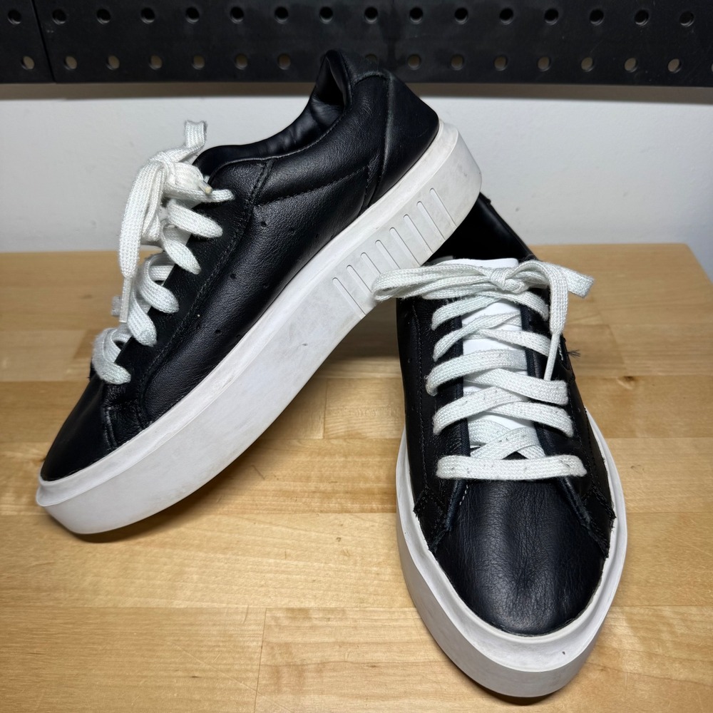 Adidas Sleek Super Womens Black Leather Platform Sneakers EF0695